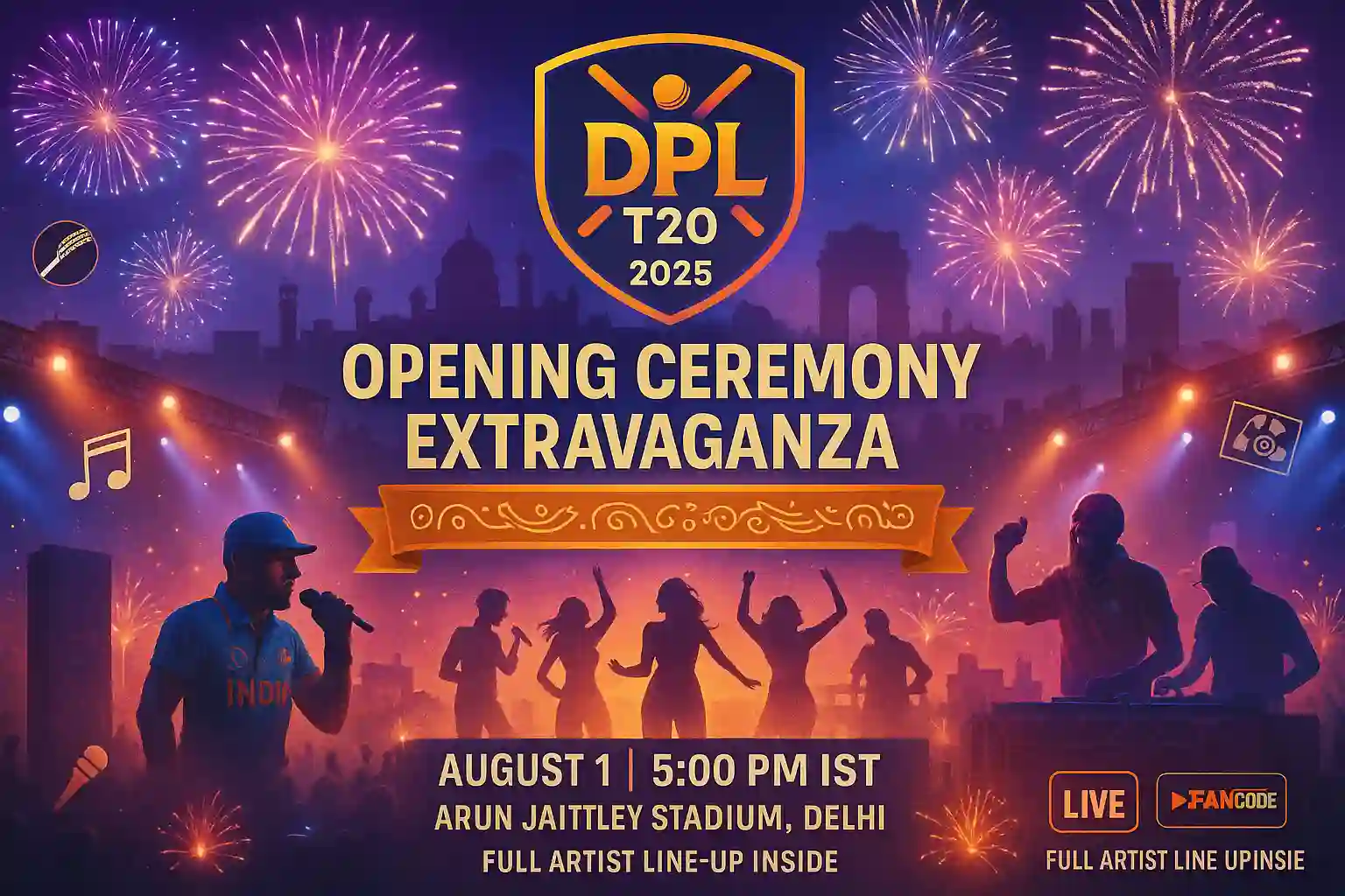 DPL T20 2025 Opening Ceremony Date, Time, Venue, Artist performance list, Live Streaming Details